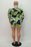 Green Fashion zipper Print Long Sleeve Mandarin Collar Rompers