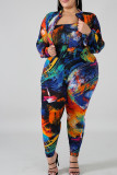 Multi-color Fashion Sexy adult O Neck Patchwork Print Two Piece Suits Stitching Plus Size