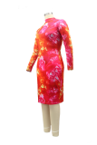 Rose Red Sexy Print Patchwork Zipper Collar Plus Size 