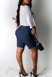 Blue Fashion Casual Solid Ripped High Waist Regular Jeans