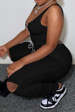 Black Sexy Casual Solid Ripped Vests Strap Design U Neck Sleeveless Two Pieces