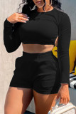Black Fashion Casual Solid Backless Strap Design O Neck Long Sleeve Two Pieces
