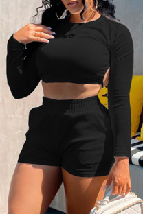 Black Fashion Casual Solid Backless Strap Design O Neck Long Sleeve Two Pieces