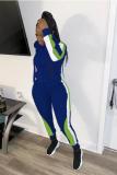 Royal blue adult Fashion OL Solid Two Piece Suits Patchwork Zippered pencil Long Sleeve