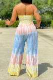 Yellow Sexy Print Patchwork Strapless Straight Jumpsuits