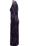 Purplish Red Sexy Print Patchwork Zipper Collar Pencil Skirt Dresses