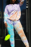 purple Casual Sportswear Spandex Blends Print Tie-dye Pullovers Pants Basic O Neck Long Sleeve Regular Sleeve Regular Two Pieces