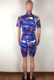 Red Casual Print Zippered Patchwork Short Sleeve Two Pieces