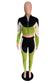 Green England Patchwork Zippered Straight Long Sleeve Two Pieces