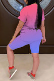 Blue Red Casual Gradual Change Patchwork O Neck Short Sleeve Two Pieces