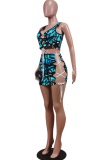 Blue Sexy Print Hollowed Out V Neck Sleeveless Two Pieces