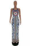 Brown Fashion Sexy Spaghetti Strap Sleeveless Slip Step Skirt Floor-Length Leopard macrame split