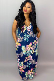 Navy Blue Casual Off The Shoulder Sleeveless Slip Swagger Floor-Length Print Patchwork
