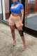 Blue O Neck Short Sleeve Patchwork Solid Zippered Tops