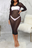 Pink Sexy Solid Mesh Hooded Collar Pencil Skirt Dresses