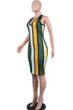 Red Fashion Sexy Red Blue Pink Yellow Wine Red Navy Blue Tank Sleeveless V Neck Hip skirt Knee-Length Striped Dresses