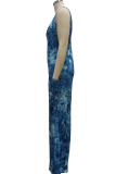 Blue Sexy Print High Opening Spaghetti Strap Irregular Dress Dresses