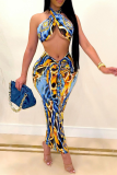 Blue Sexy Print Patchwork Halter Sleeveless Two Pieces