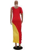 Pink Fashion Casual adult White Pink Yellow Light Blue purple Off The Shoulder Short Sleeves one shoulder collar Asymmetrical Ankle-Length Print Patchwork Colouring Draped split asymmetrical Dresses