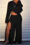 Pink Fashion Casual Solid Patchwork Slit Oblique Collar Long Sleeve Two Pieces