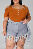Rose Red Fashion Casual Solid Tassel Plus Size Jeans