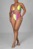 Yellow Fashion Sexy Print Backless Strap Design Halter Sleeveless Three-piece Set