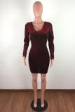 Grey Sexy Solid Hollowed Out V Neck Wrapped Skirt Dresses