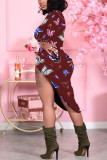 Rose Red Sexy Print Butterfly Print Patchwork O Neck Pencil Skirt Dresses
