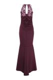 Red Fashion adult Sexy Spaghetti Strap Sleeveless Slip Slim Dress Floor-Length Patchwork Solid