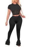 Fluorescent green Fashion Sexy adult Ma'am Patchwork Solid Two Piece Suits Straight Short Sleeve Two Pieces