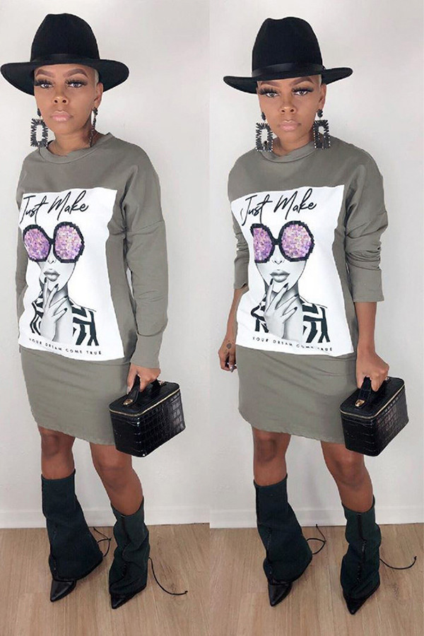 Grey Casual Fashion adult Cap Sleeve Long Sleeves O neck Step Skirt Mini Print Long Sleeve Dre