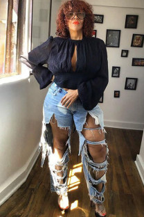Light Blue Denim Button Fly Zipper Fly High Zippered Pocket washing Hole Straight Pants 