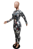 Khaki Sexy Print Patchwork Zipper Collar Skinny Jumpsuits