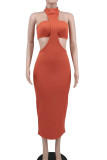 Brown Sexy Solid Hollowed Out Patchwork Half A Turtleneck Pencil Skirt Dresses
