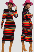 Red Casual Cap Sleeve Long Sleeves O neck Lantern skirt Mid-Calf Print Striped