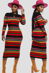 Red Casual Cap Sleeve Long Sleeves O neck Lantern skirt Mid-Calf Print Striped