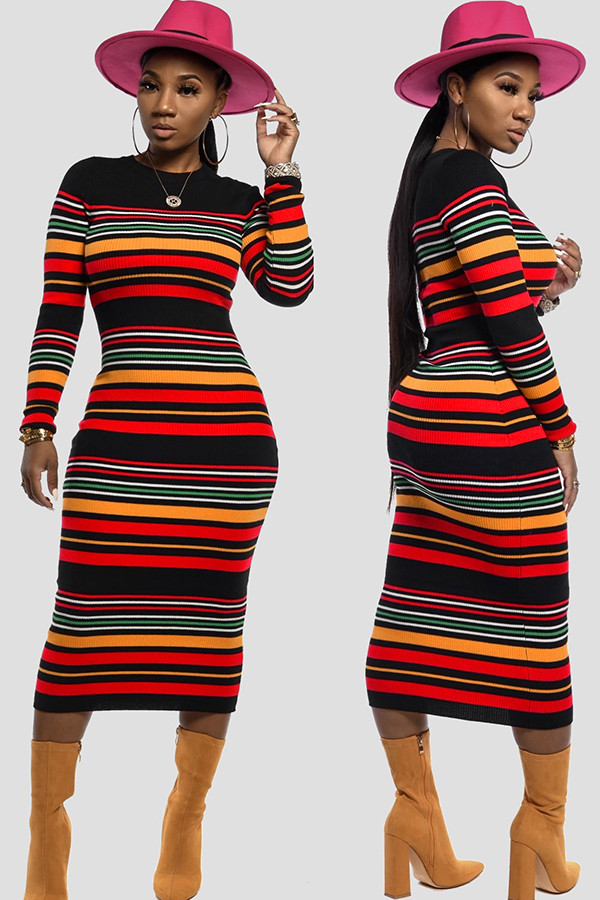 Red Casual Cap Sleeve Long Sleeves O neck Lantern skirt Mid-Calf Print Striped