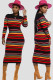 Red Casual Cap Sleeve Long Sleeves O neck Lantern skirt Mid-Calf Print Striped