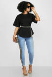 Blue Denim Zipper Fly Sleeveless Mid Solid Patchwork pencil Pants Pants
