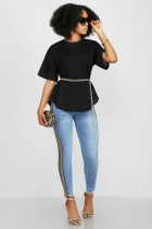 Blue Denim Zipper Fly Sleeveless Mid Solid Patchwork pencil Pants Pants