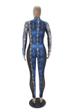 Blue Sexy Print Patchwork Zipper Collar Skinny Jumpsuits