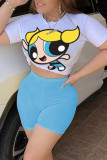 Light Blue Fashion Casual Printed Short-sleeved Top Set