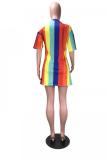 Multi-color Casual Fashion Cap Sleeve Half Sleeves O neck Straight Mini Character Rainbow Casual Dres
