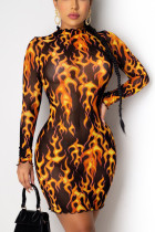 Yellow Sexy Print Mandarin Collar Sheath Dresses