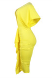 Yellow Fashion Casual Solid Fold V Neck Short Sleeve Dress