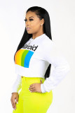 White O Neck Long Sleeve Letter Solid Print Tees & T-shirts
