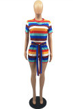 Yellow Fashion Casual Striped Print Basic O Neck Short Sleeve Two Pieces