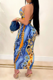 Blue Sexy Print Patchwork Halter Sleeveless Two Pieces