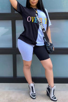 Black Fashion adult Europe and America Letter Patchwork Print Two Piece Suits pencil Short Sleeve Two Pieces