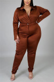 Red Fashion Casual Solid Basic Turtleneck Plus Size Set